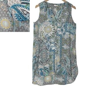 SPENSE Paisley Shift Dress Tunic Blue Green Yellow Beach Coverup High Low Size M